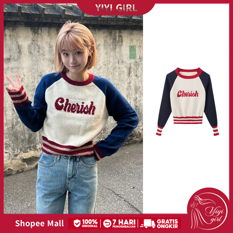 Jual Yiyi Girl Korean Sweeter Crop Crewneck Atasan Rajut Wanita Lengan