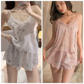 Yesy Fashion Sleapwear Pajamas Baju Tidur Sexy Satin Stelan Bunga Stel