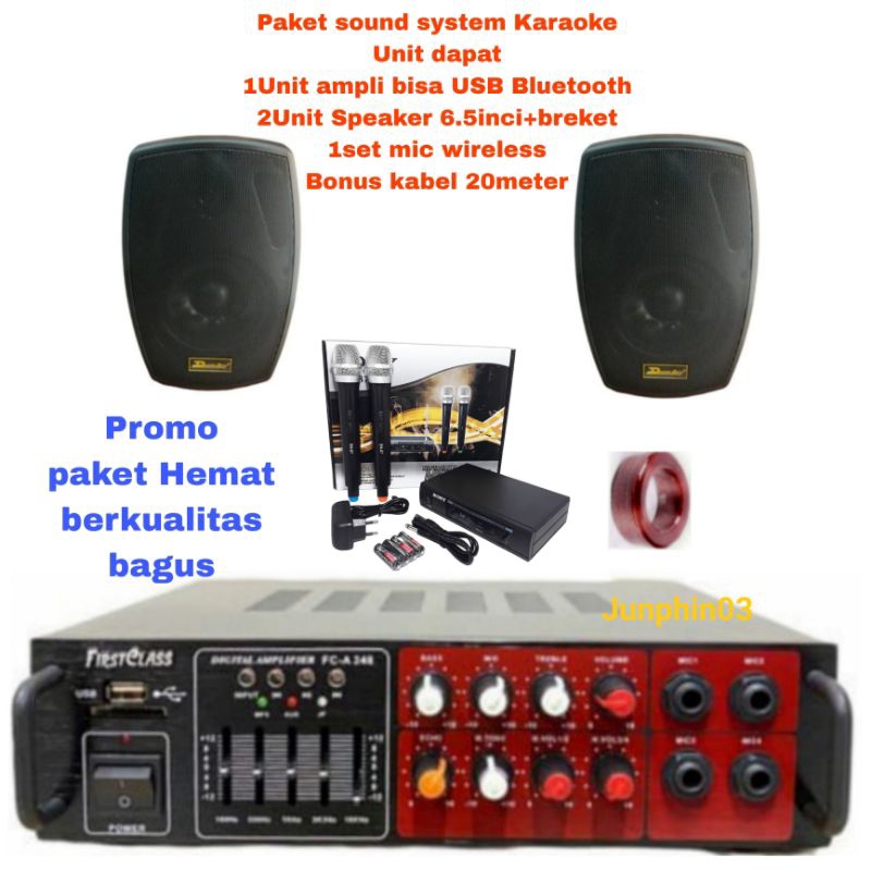 Jual PAKET SOUND SYSTEM KARAOKE SPEAKER 2UNIT AMPLI MIC WIRELESS