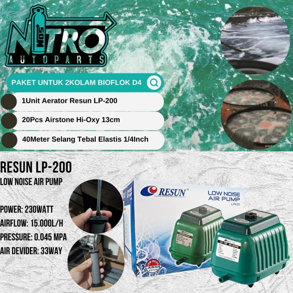 Jual PAKET Aerator RESUN LP-200 230Watt 2Kolam Bioflok D4 AIRSTONE ...