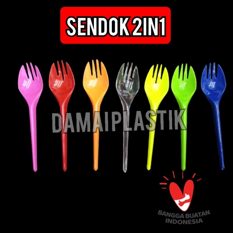 Jual Sendok Spork Garpu 2in1 Warna Hitam Merah Hijau Kuning Pink Bening