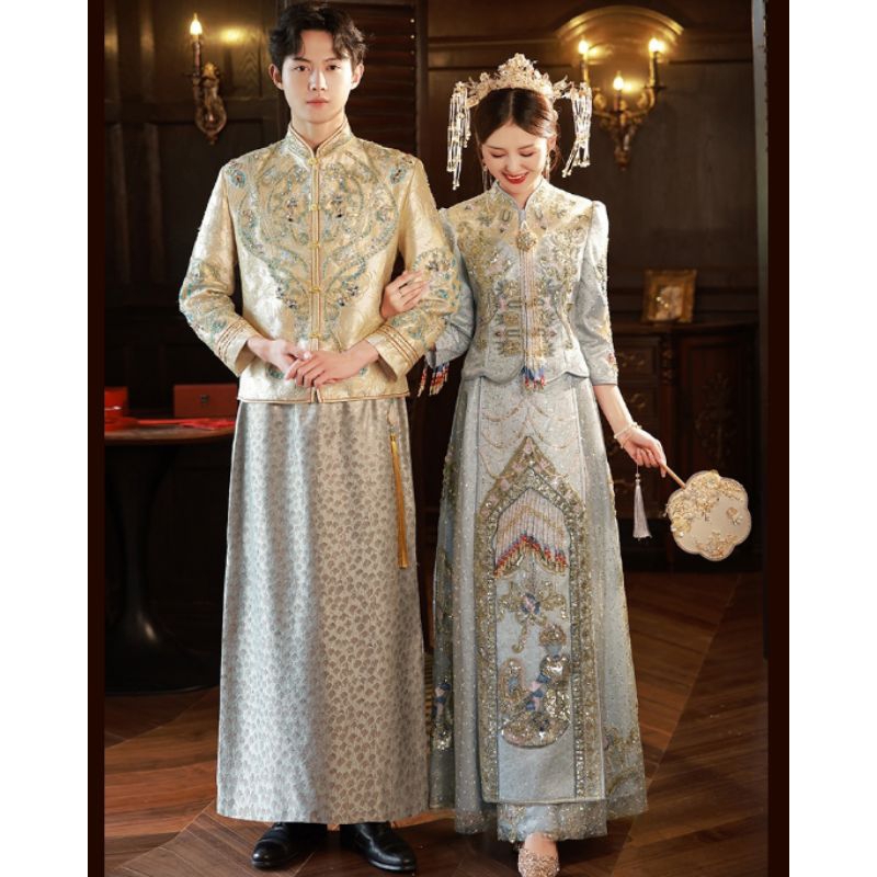 Jual Realpic S 2xl Chw 51 Cheongsam Couple Mewah Impor Gaun Sangjit Biru Gold Pakaian Chinese