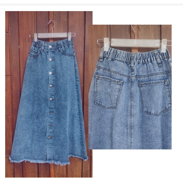Jual Rok Jeans Panjang Span Wanita Pinggang Karet Model Rawis Bawah ...