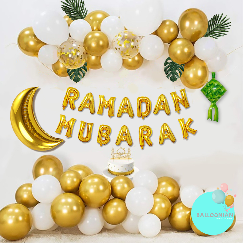 Jual RAMADHAN MUBARAK GOLD BALLOON CHAIN DEKORASI SET/DEKORASI LEBARAN