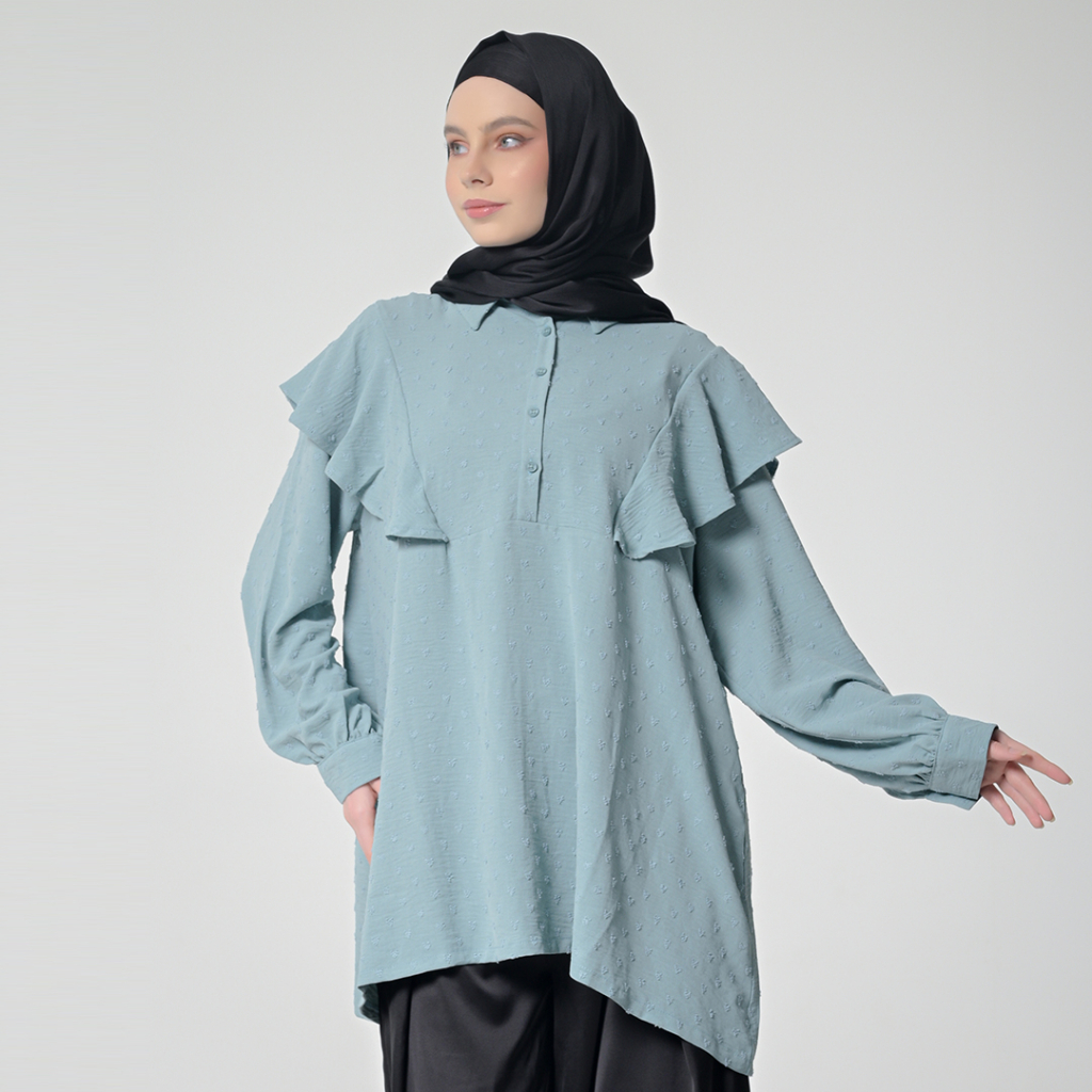 Jual Hanna Kemeja Ruffle Blouse Swizz Dot Mathilda Lengan Panjang ...