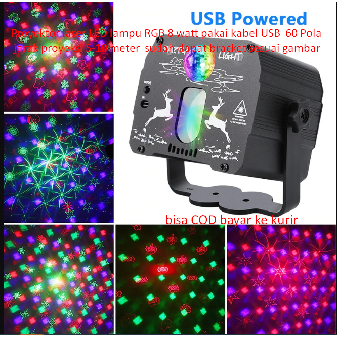 Jual Proyektor laser LED lampu RGB 8 watt pakai kabel USB 60 Pola jarak ...