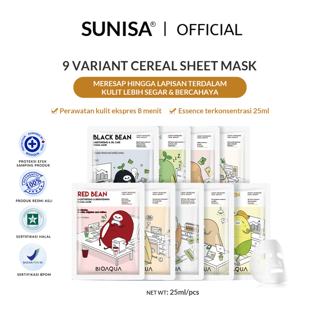 Jual SUNISA X BIOAQUA Cereal Sheet mask masker wajah dari Green Bean/ Coix seed/ Black Bean