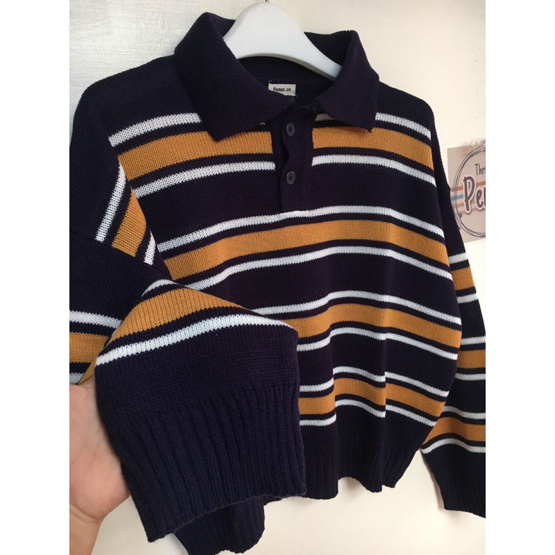 Jual Rajut Polo Kancing Striped Navy Crop | Shopee Indonesia