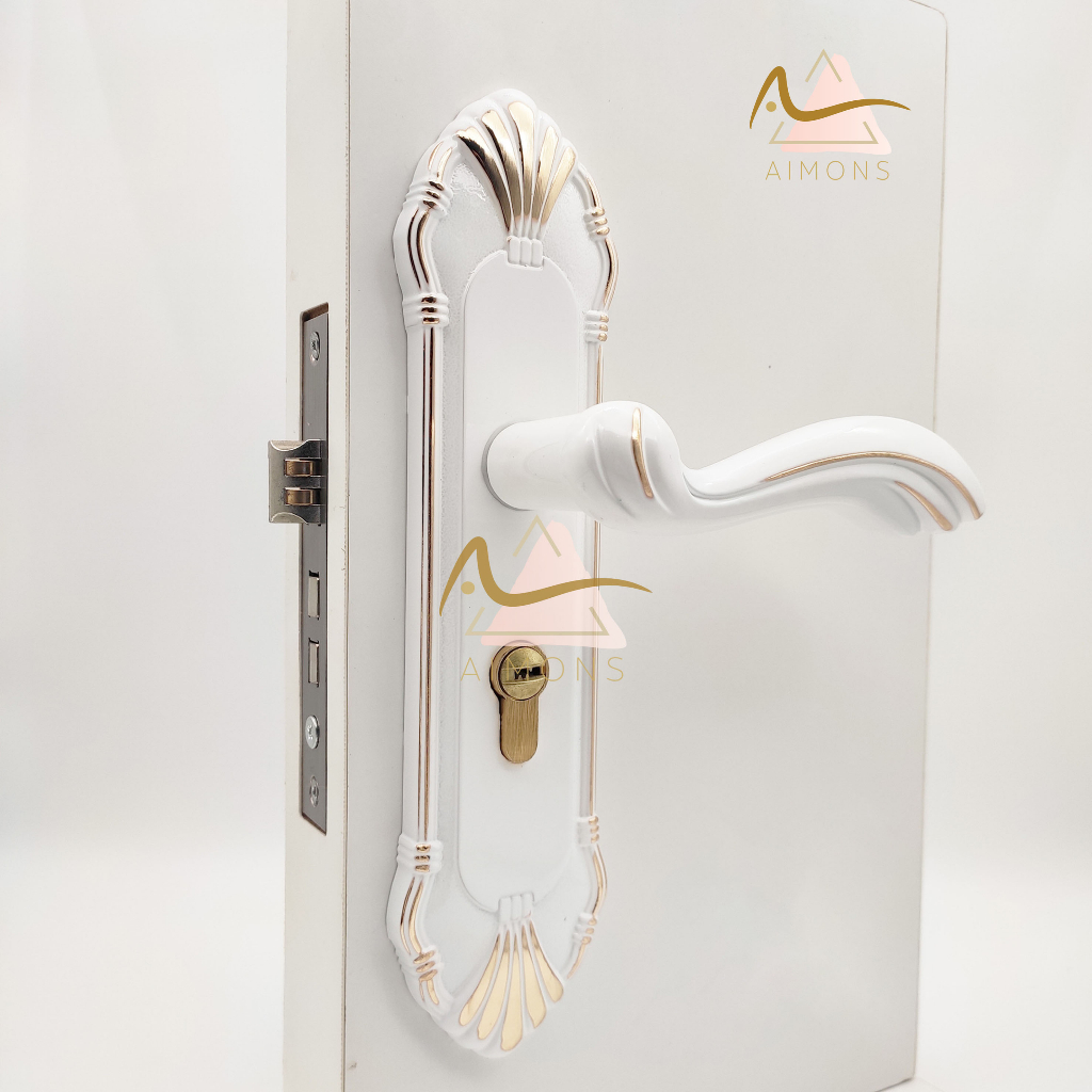 Gagang Kunci Pintu Gaya Eropa, pegangan pintu/Door Handle Elegant White Gold Full Set