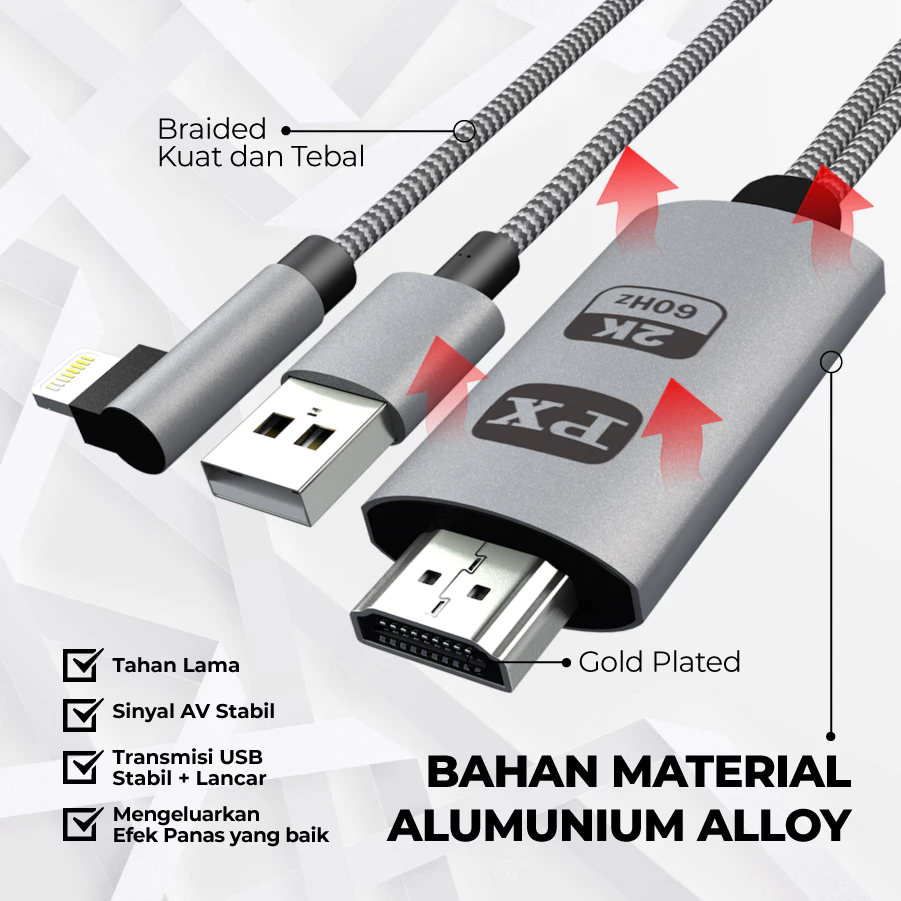 Kabel MHL Lightning Converter iPhone iPad ke HDMI 2 meter PX MHA-120