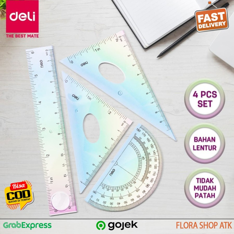 Jual Penggaris Set 4 Pc Deli Rainbow Drafting Segitiga Busur Ruler