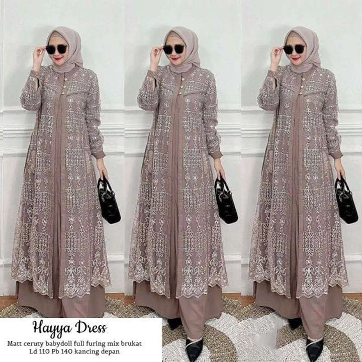 Jual Gamis Wanita Terbaru Hayya Dress Bahan Ceruty Mix Brukat Size M