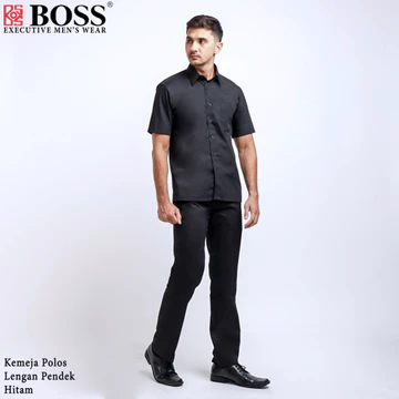 BOSS Kemeja Polos Pria Lengan Pendek Regular Fit Hitam