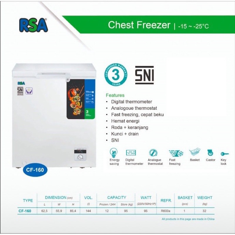 Jual RSA CHEST FREEZER CF160 CF160 144 LITER Shopee Indonesia