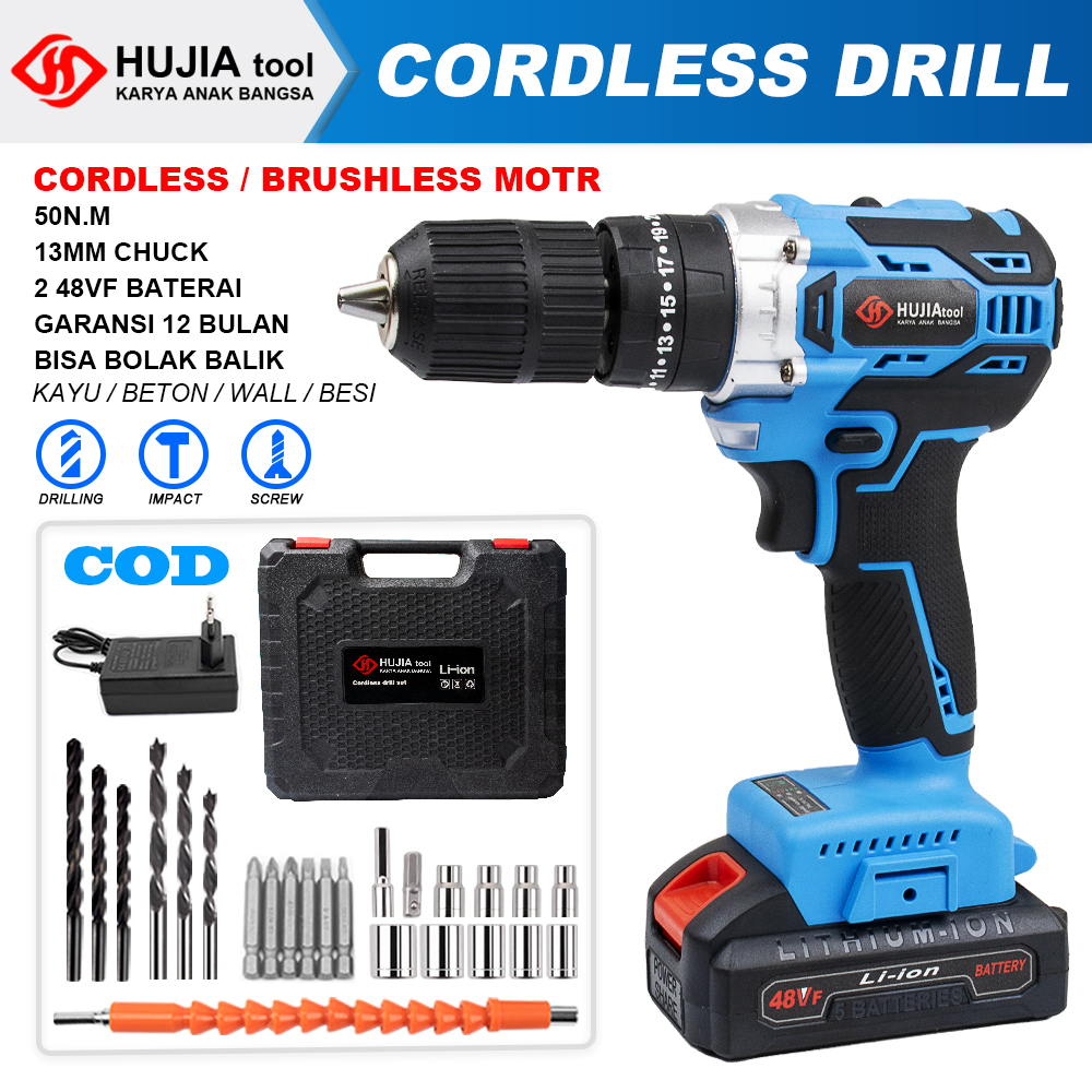 Jual HUJIA Mesin Bor Baterai 48vf Brushless Cordless Impact Drill 2 ...