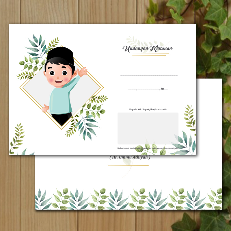 Jual (ISI 50 PCS) UNDANGAN KHITANAN TULIS TANGAN KARTUN DAUN ANAK