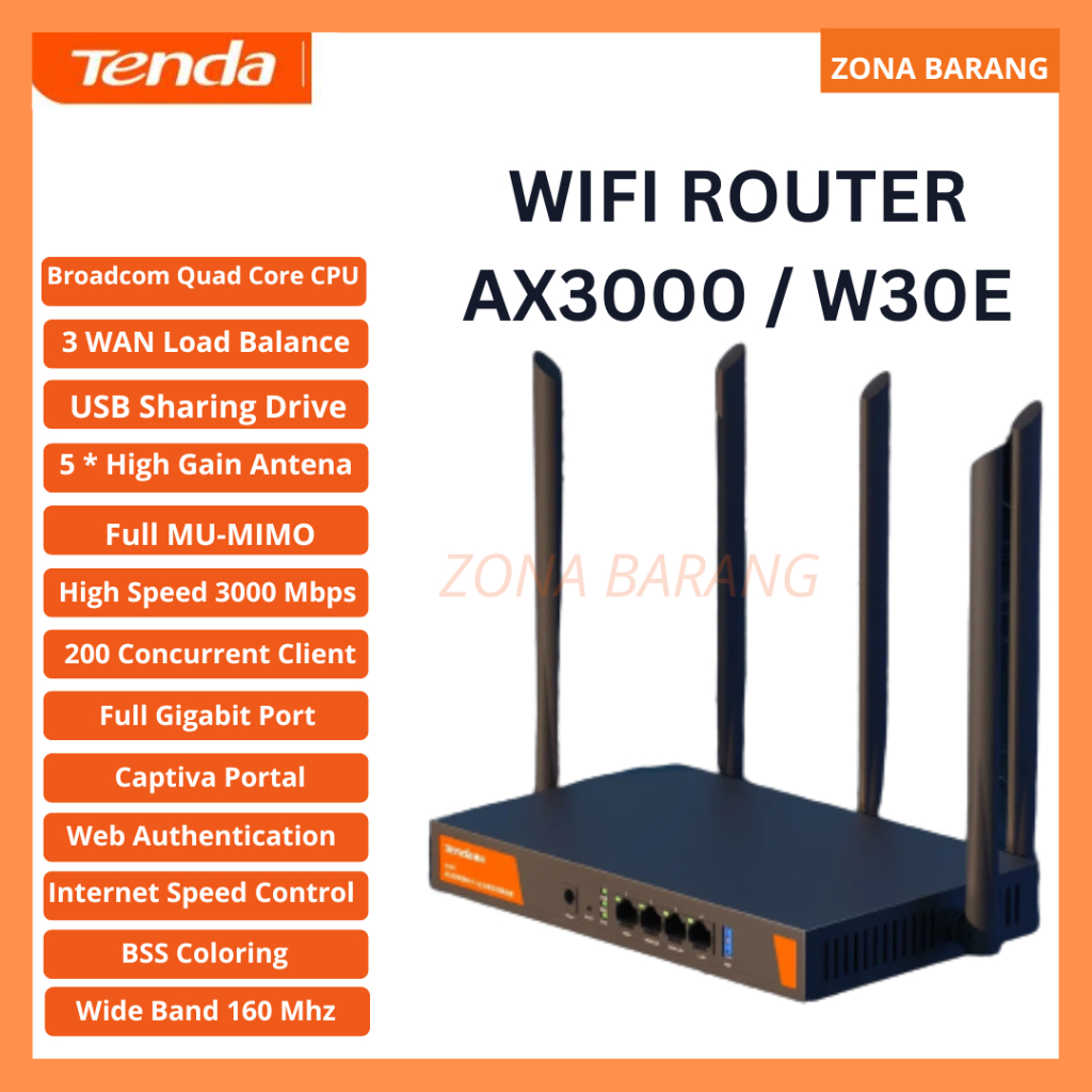 Jual WIFI ROUTER TENDA W30E AX3000 GIGABIT 3 WAN PORTAL OFFICE CAFE 2G ...