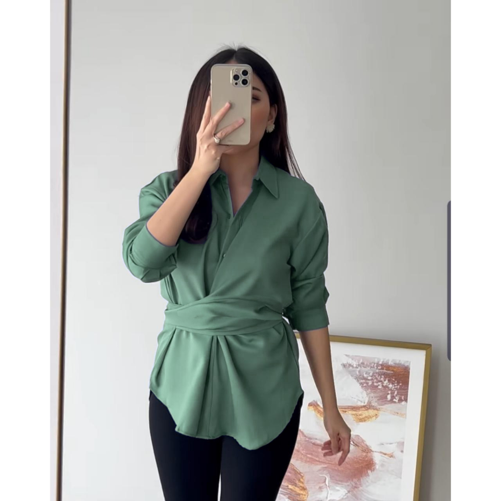 Jual Kemeja blouse Basic With Obi Belt Casual | Shopee Indonesia