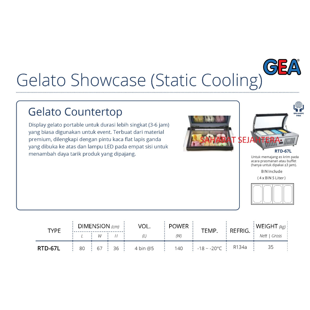 Jual Gelato Showcase Countertop Display Es Gelato GEA RTD 67L