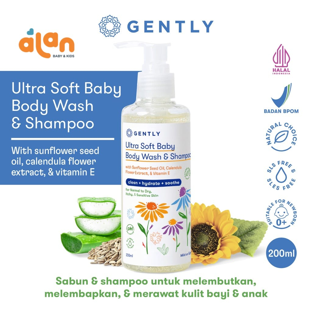 Jual Gently Ultra Soft Baby Body Wash & Shampoo 200ml Sabun Pembersih