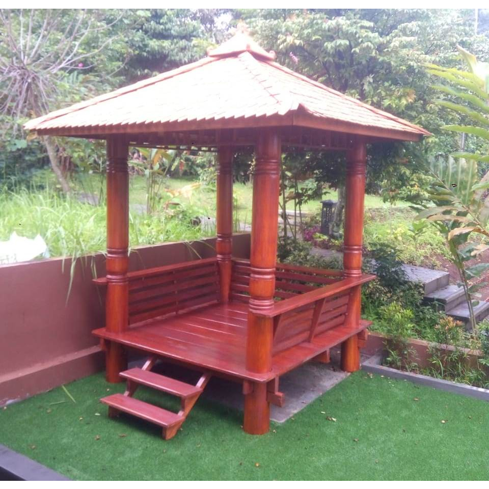 Jual Gasebo Taman Model Tiang Motif Atap Sirap Kayu Ulin Desain Ukuran