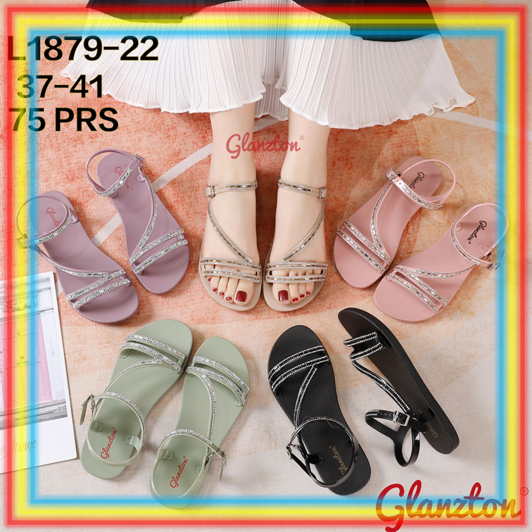 Jual L1879 22 Sandal Selop Wanita Glanzton Sendal Slop Cewek Tali Kecil Permata Gliter Glitter 