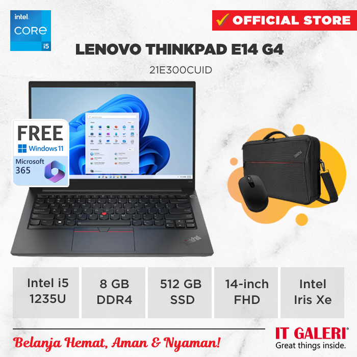 Jual Lenovo Thinkpad E14 Gen 4 21e300cuidcore I5 1235u8gb512gb Ssd14″win 11 Problack 0670