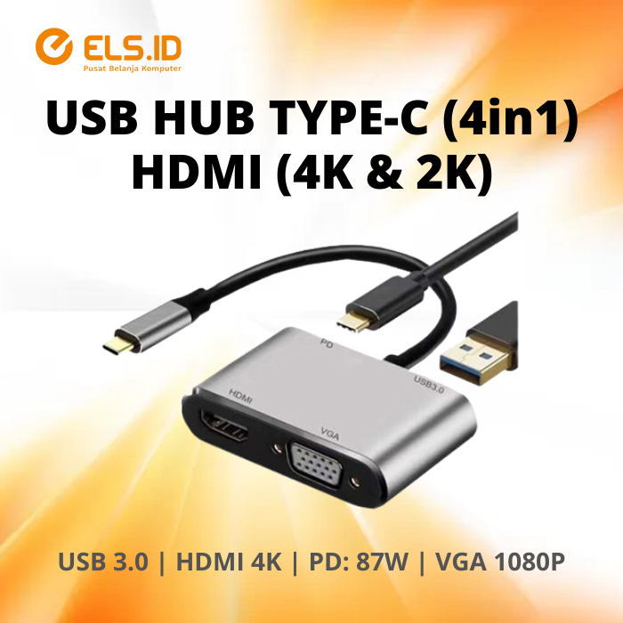 Jual USB HUB Type-C to VGA, HDMI, USB 3.0, PD (4in1) (Support 4K & 2K ...