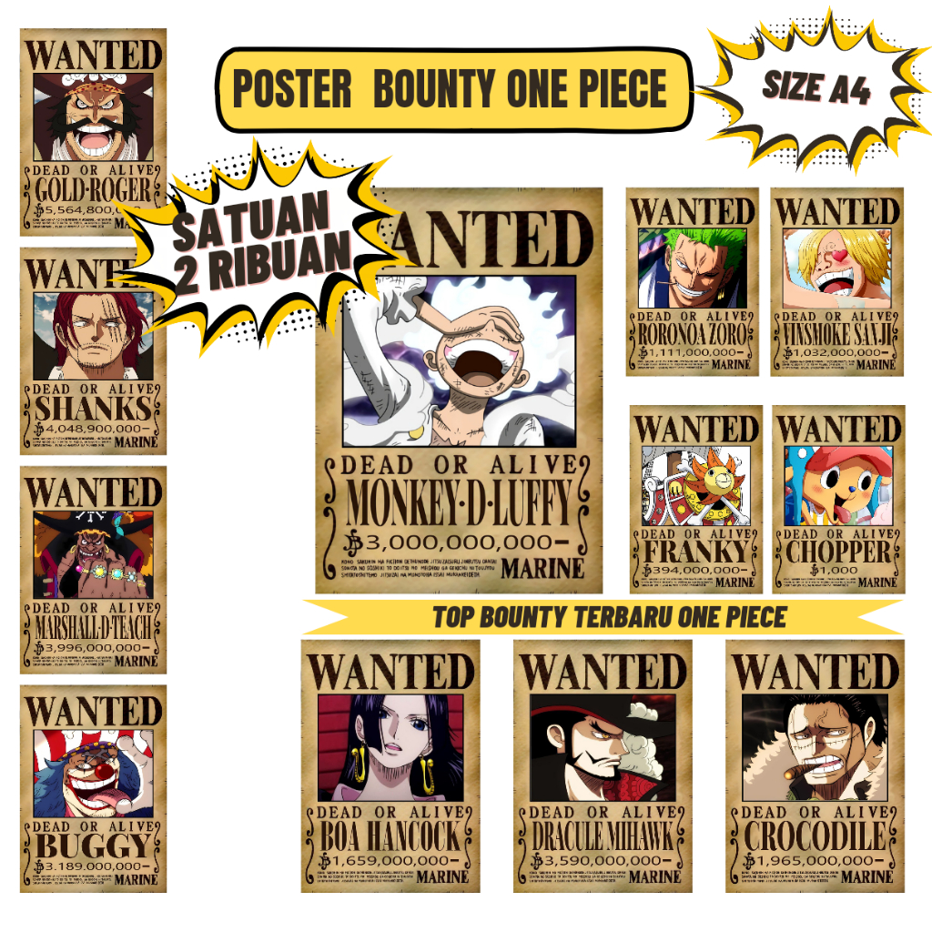 Jual Poster Bounty One Piece Satuan Ukuran A4 / Poster Anime Dekorasi ...