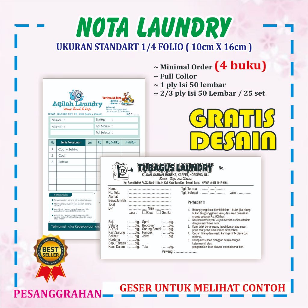 Jual Nota Laundry Ukuran 1/4 Folio Custom Nama Logo Laundry Sendiri ...