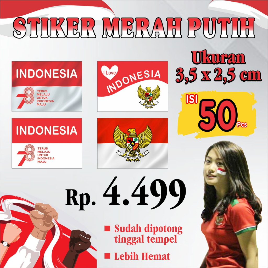 Jual Stiker Bendera Merah Putih Indonesia Isi 50pcs Stiker Tempelan Pipi Stiker Hut Ri 9054