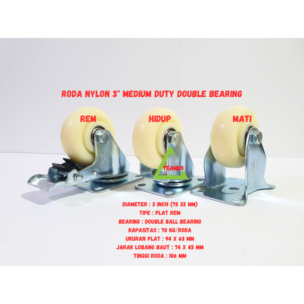 Jual Roda Nylon 3 inch Medium Duty Double Bearing 3