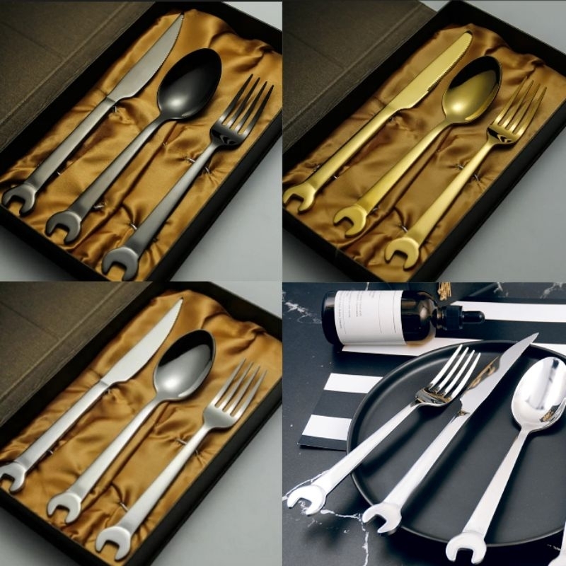 Jual wrench cutlery set stainless steel unik sendok garpu pisau alat makan GOLD BLACK SILVER