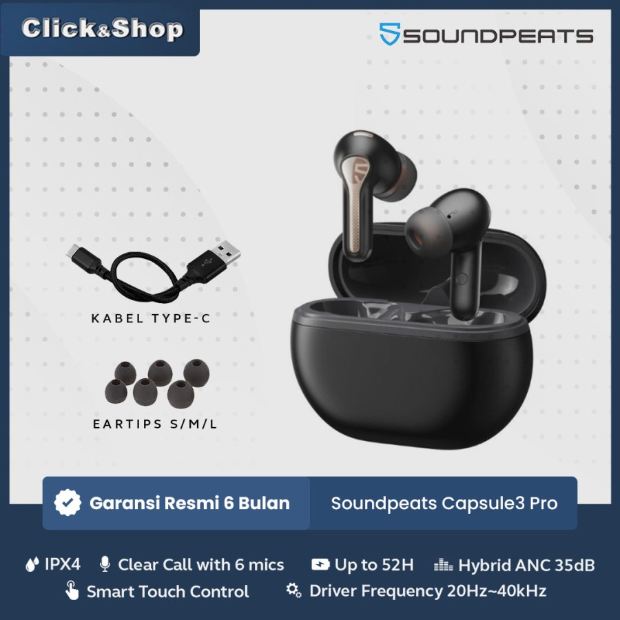 SoundPEATS Capsule 3 Pro Bluetooth 5.3 Earphone TWS True Wireless Earbuds  43dB Hybrid ANC Hi-Res Certified with LDAC Audio Codec
