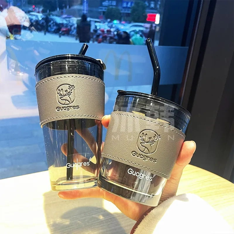 Jual Kaca Glass Dengan Sedotan Silikon Simple Elegan Milk Cup Gelas Susu Gelas Jus Gelas Air 0944