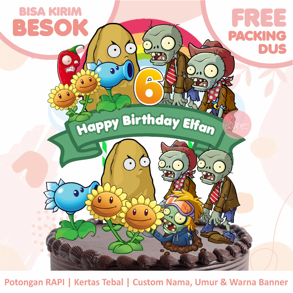 Jual Topper Cake Plant vs Zombie (Custom Nama &amp; Umur) FREE PACKING DUS ...
