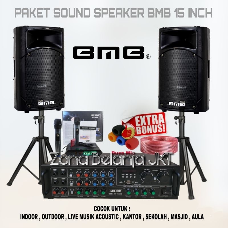 Jual PAKET SOUND SYSTEM OUTDOOR INDOOR KARAOKE SPEAKER BMB 15 INCH AMPLIFIER MIC WIRELESS