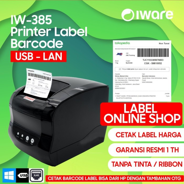 Jual Barcode Thermal Label Printer IWARE IW365B 365B USB LAN 80MM