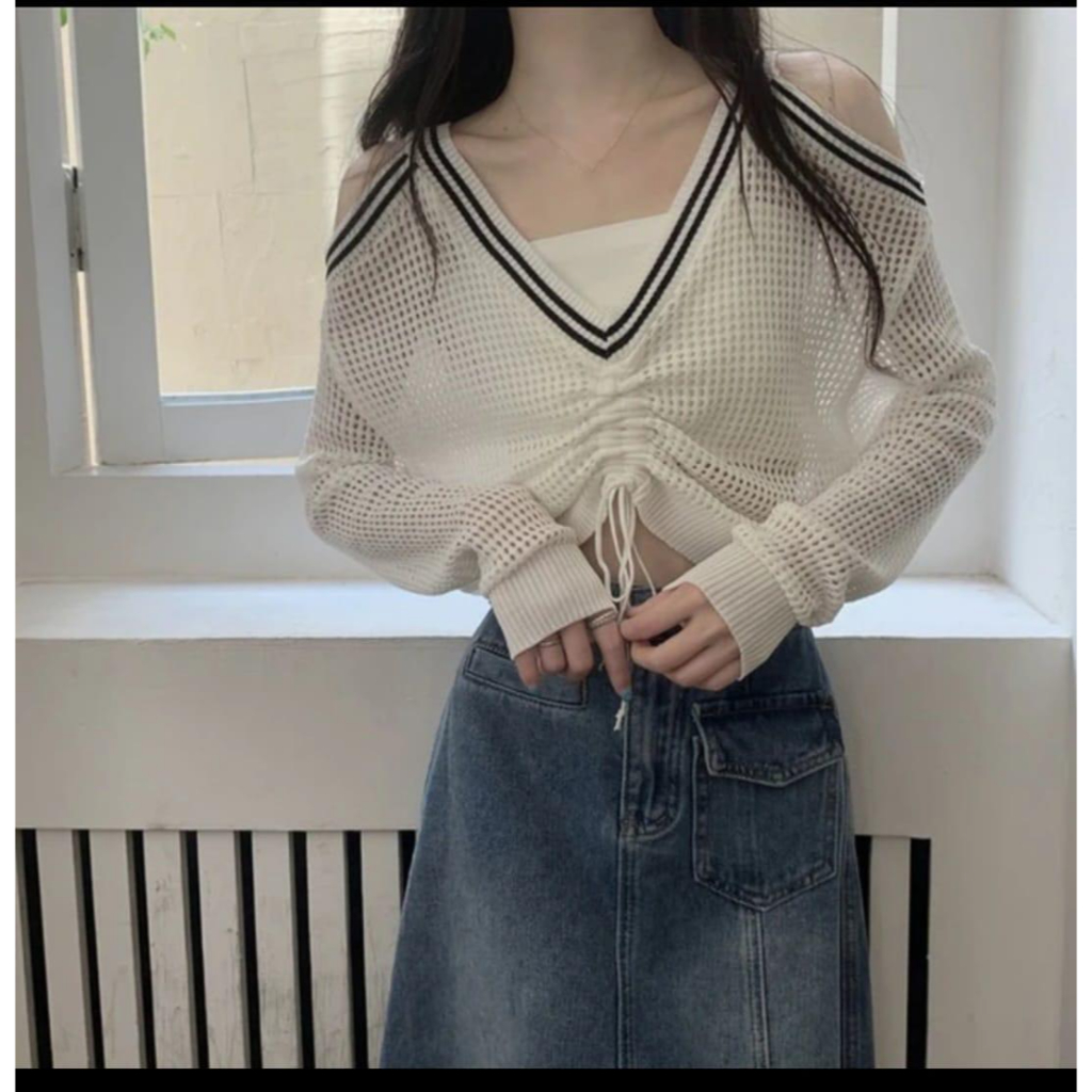 Jual outer rajut jaring crop top 2 in 1/crop top rajut jaring plus iner ...