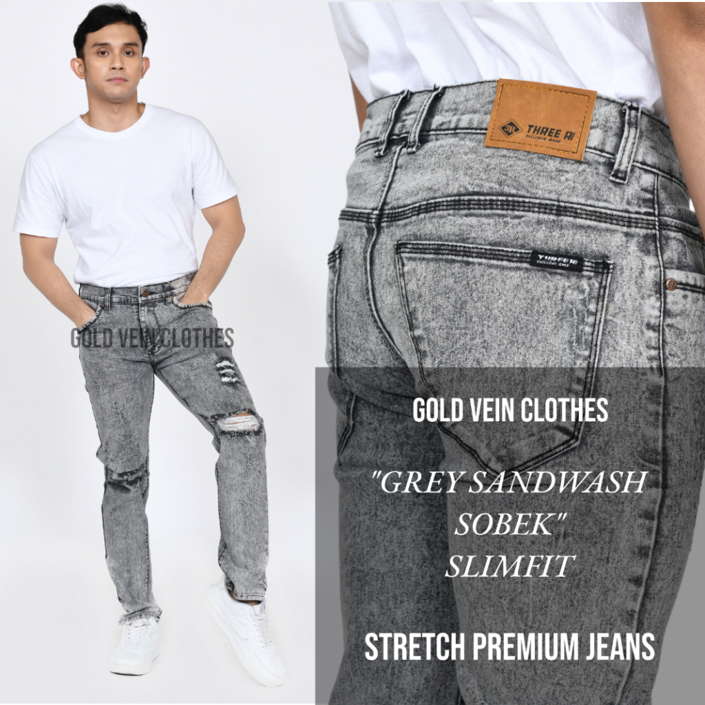 Jual Celana Jeans Pria Sobek Lutut Ripped Panjang Bahan Stretch Tebal