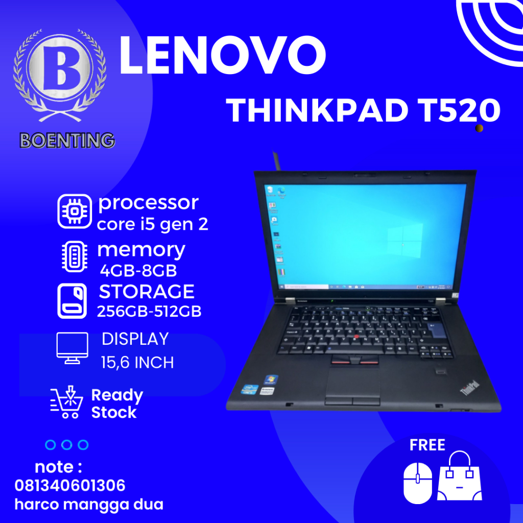 Jual LAPTOP LENOVO THINKPAD T520 INTEL CORE I5 GEN2 RAM 16GB SSD 512GB
