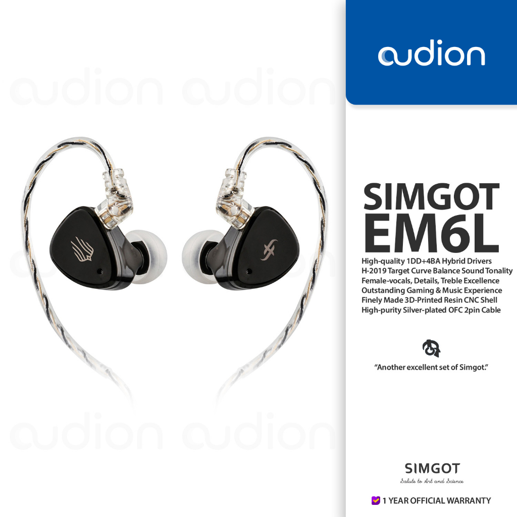 Linsoul SIMGOT EM6L 1DD 4BA – Moniteur intra-auriculaire à pilote hybride, écouteurs de jeu, écouteurs HiFi IEM avec boîtier en résine imprimée en 3D, câble argenté OFC amovible (noir, SIMGOT EM6L