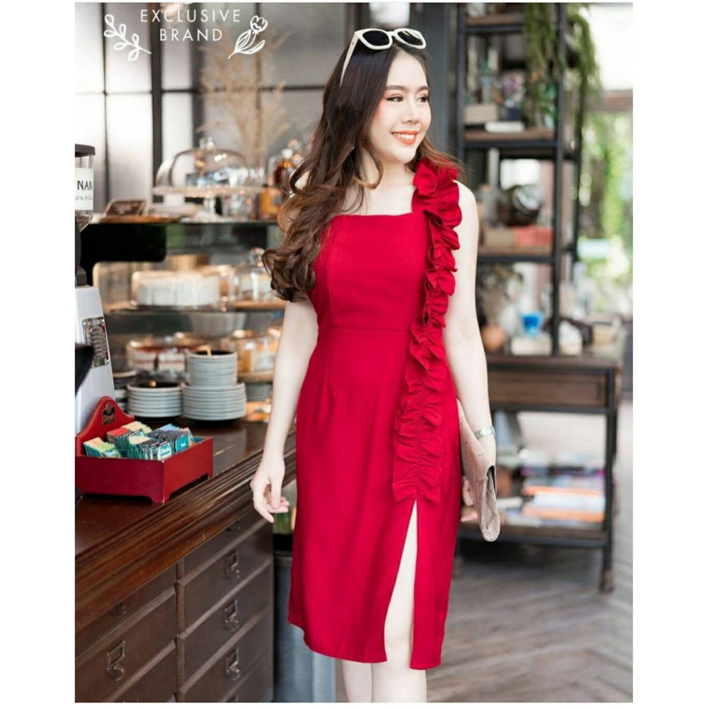 Jual Korean Midi Dress 705 Nabila Dress Midi Wanita dengan Model Leher Kotak Warna Pink