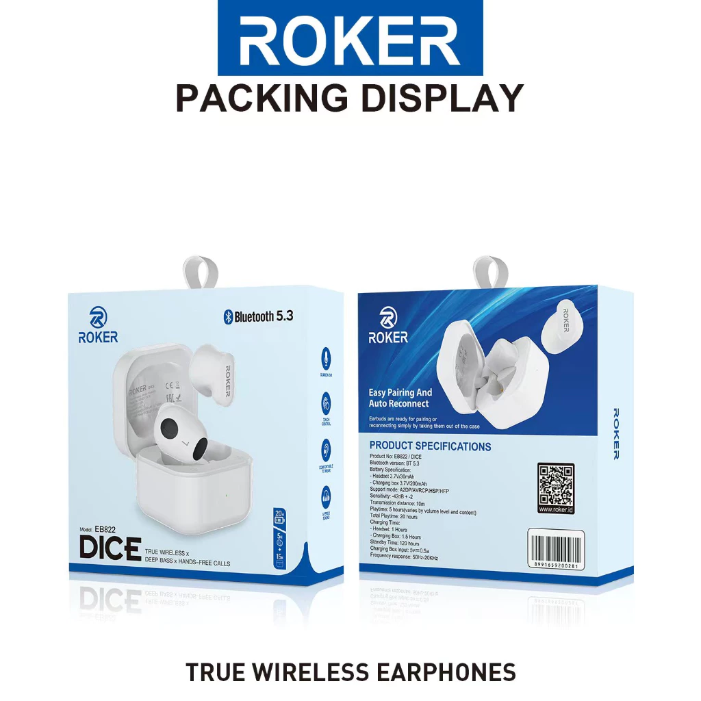 TWS ROKER DICE EB822 TRUE WIRELESS DEEP BASS BLUETOOTH 5.3