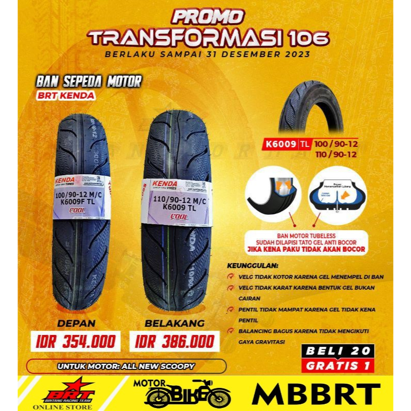 Jual BAN LUAR BRT KENDA 100 90 110 90 RING 12 TUBELESS ANTI BOCOR ALL