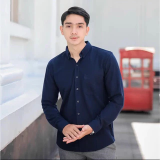 ALJOSA Kemeja Pria Polos Navy Biru Dongker Lengan Panjang Kerja Kantor