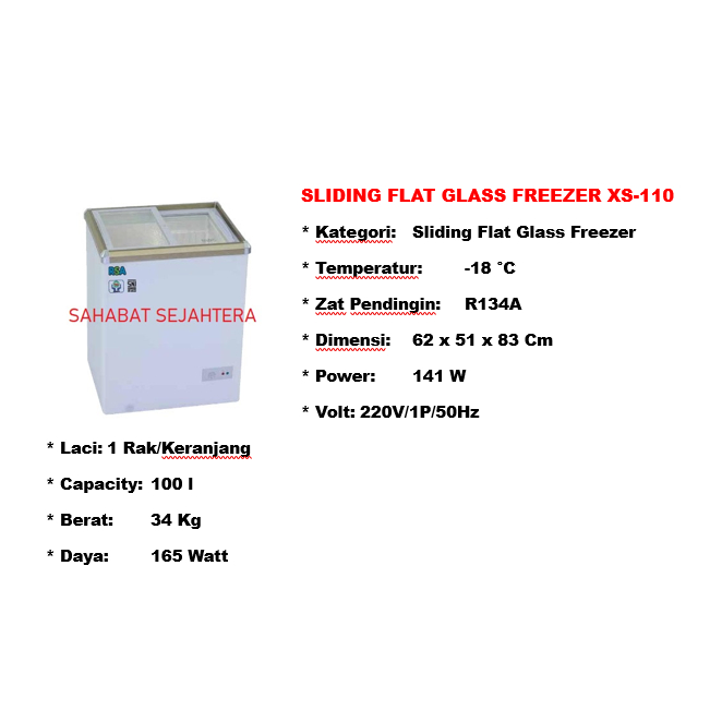 Jual BERAT SEBENARNYA RSA Sliding Flat Glass Freezer XS110 Freezer