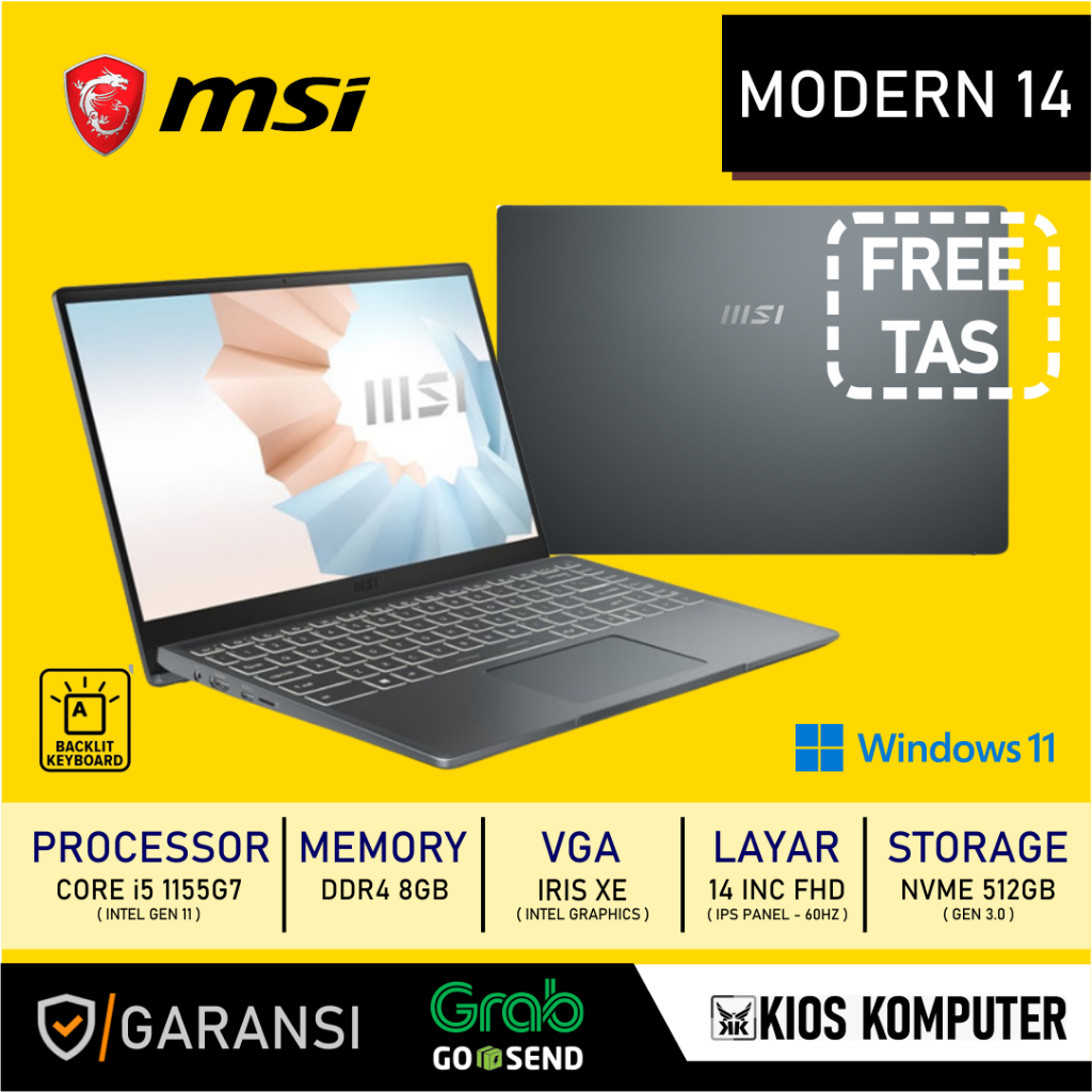 Jual MSI MODERN 14 CORE I5 1155G7 8GB RAM 512GB NVME IRIS XE 14 INC FHD