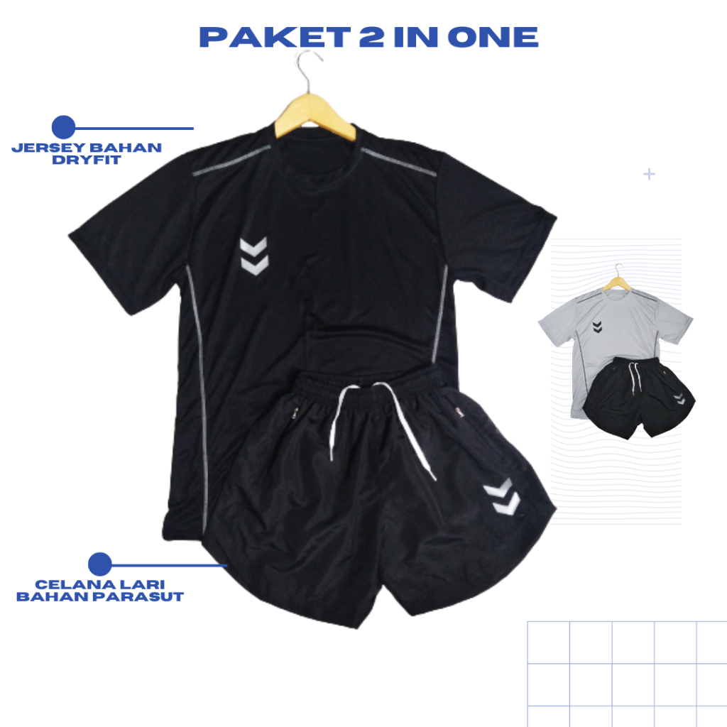 Paket 2 in One Stelan Jersey Olahraga Celana Parasut Lari Gym Binsik Model kumis