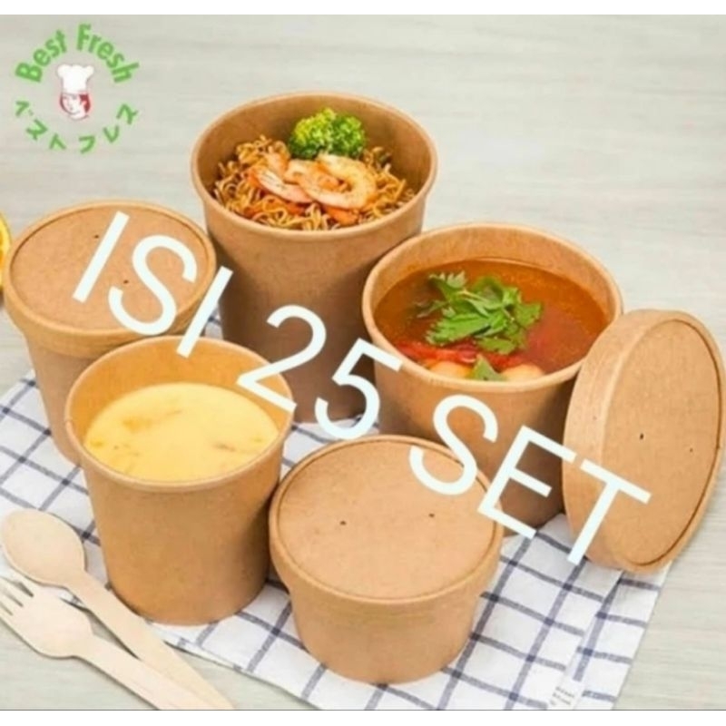 Jual PAPER CUP SOUP 16 OZ - MANGKOK KERTAS KRAFT COKLAT + TUTUP ISI 25 ...